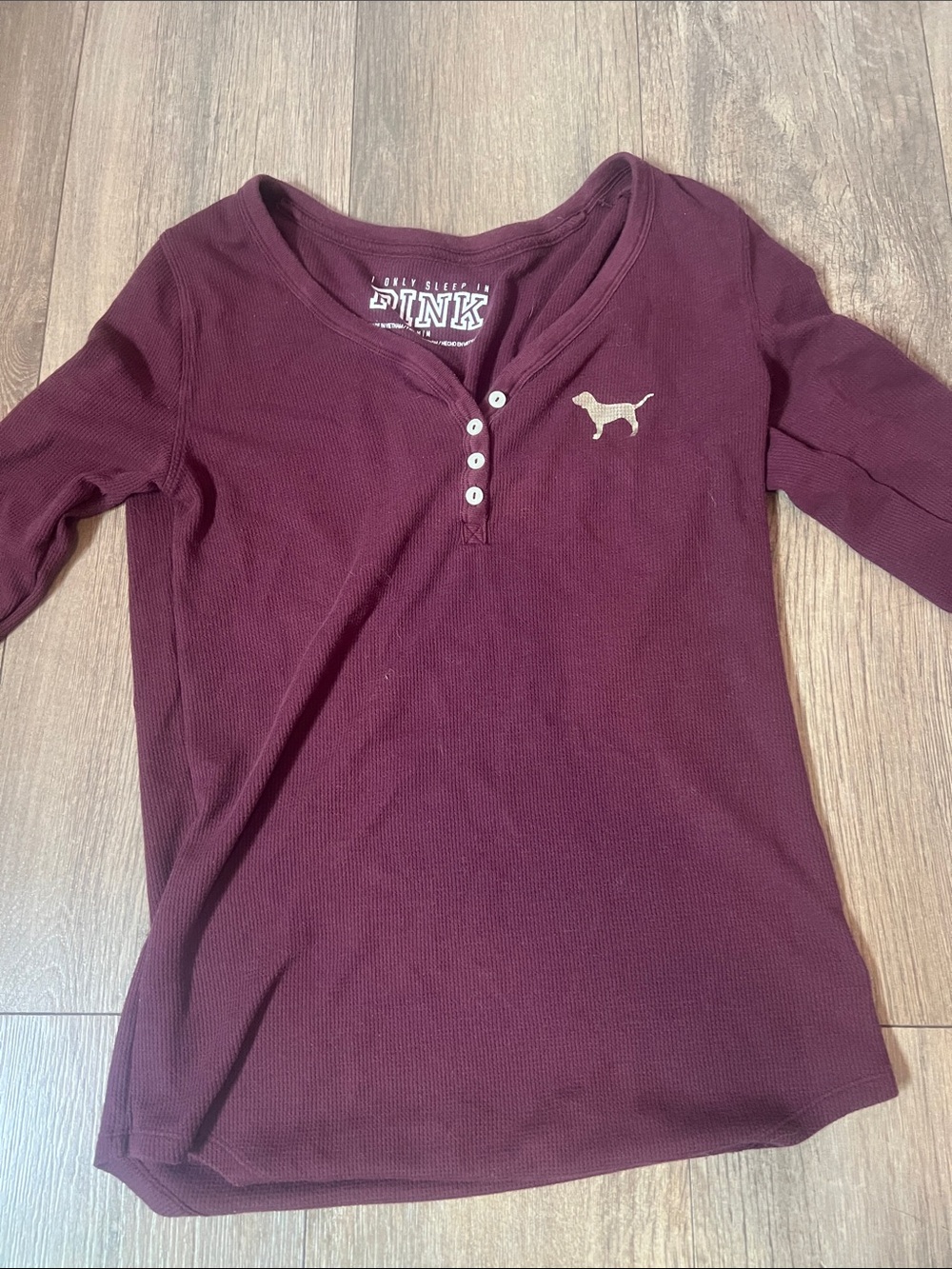 PINK Victoria's Secret Maroon Long Sleeve Henley with Dog Logo